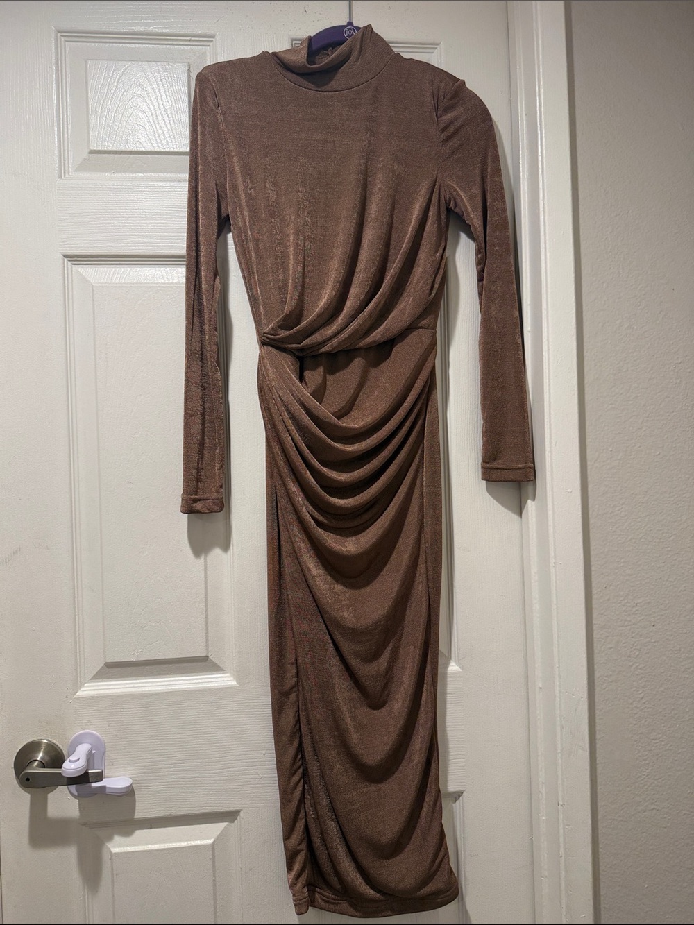 JLux Label Ruched Metallic Long-Sleeve Midi Dress in Bronze